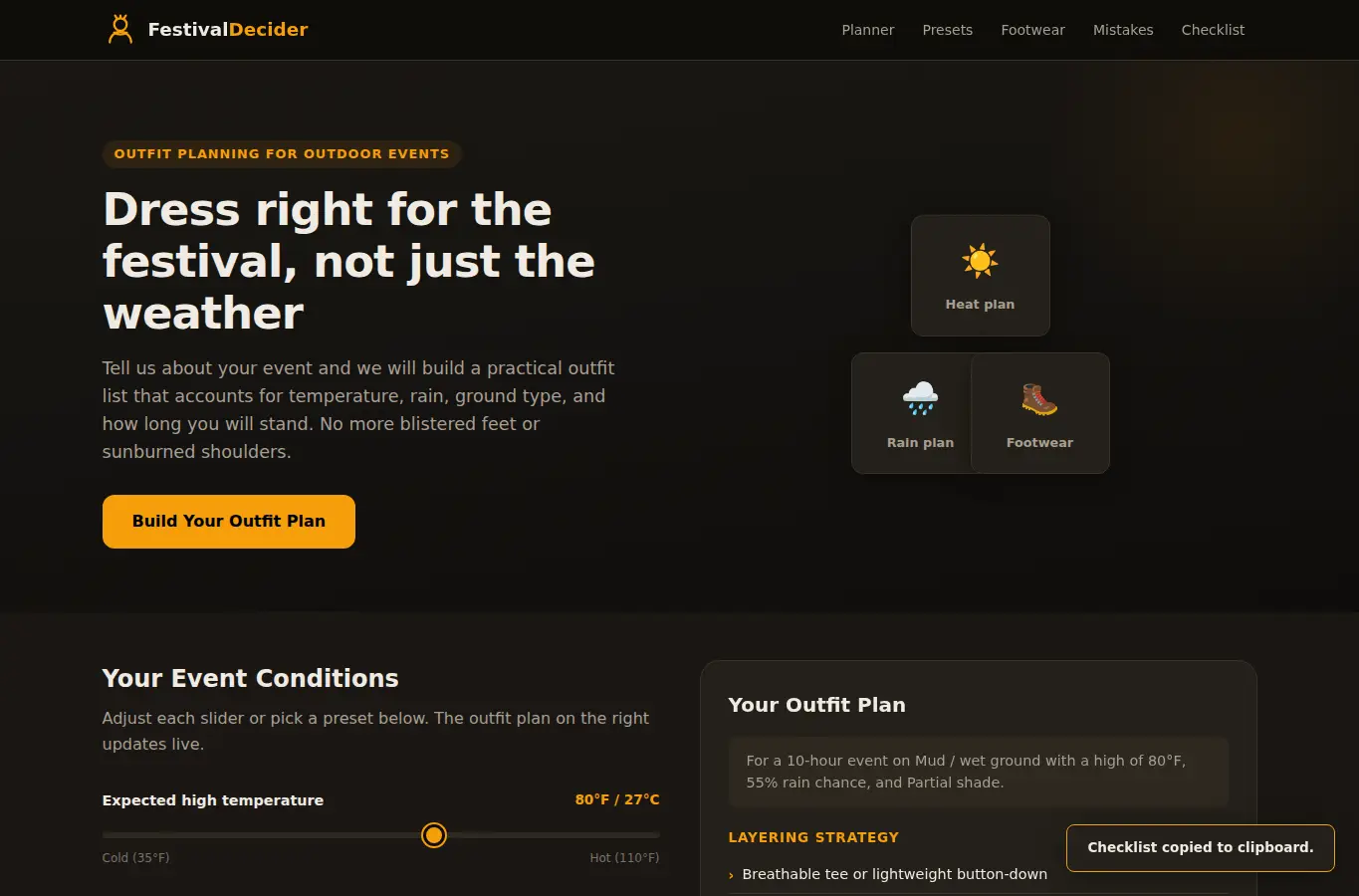 Screenshot of Festival Outfit Weather Decider interface showing the project page in use